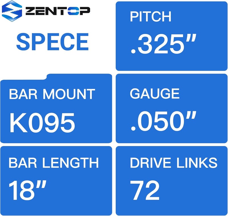 Zentop 18 Inch Chainsaw Bar and Chains, .050'' Gauge .325" Pitch 72DL Fits Husqvarna 435, 440, 545, 345, 350, 51, 55 Rancher, and 550XP - Image 2